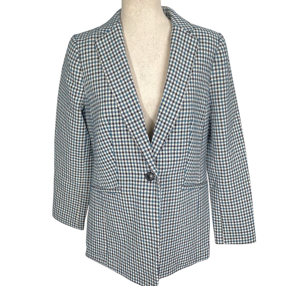 Talbots Blazer Women‎ 6 White Blue Check Houndstooth Check Cotton Career Jacket